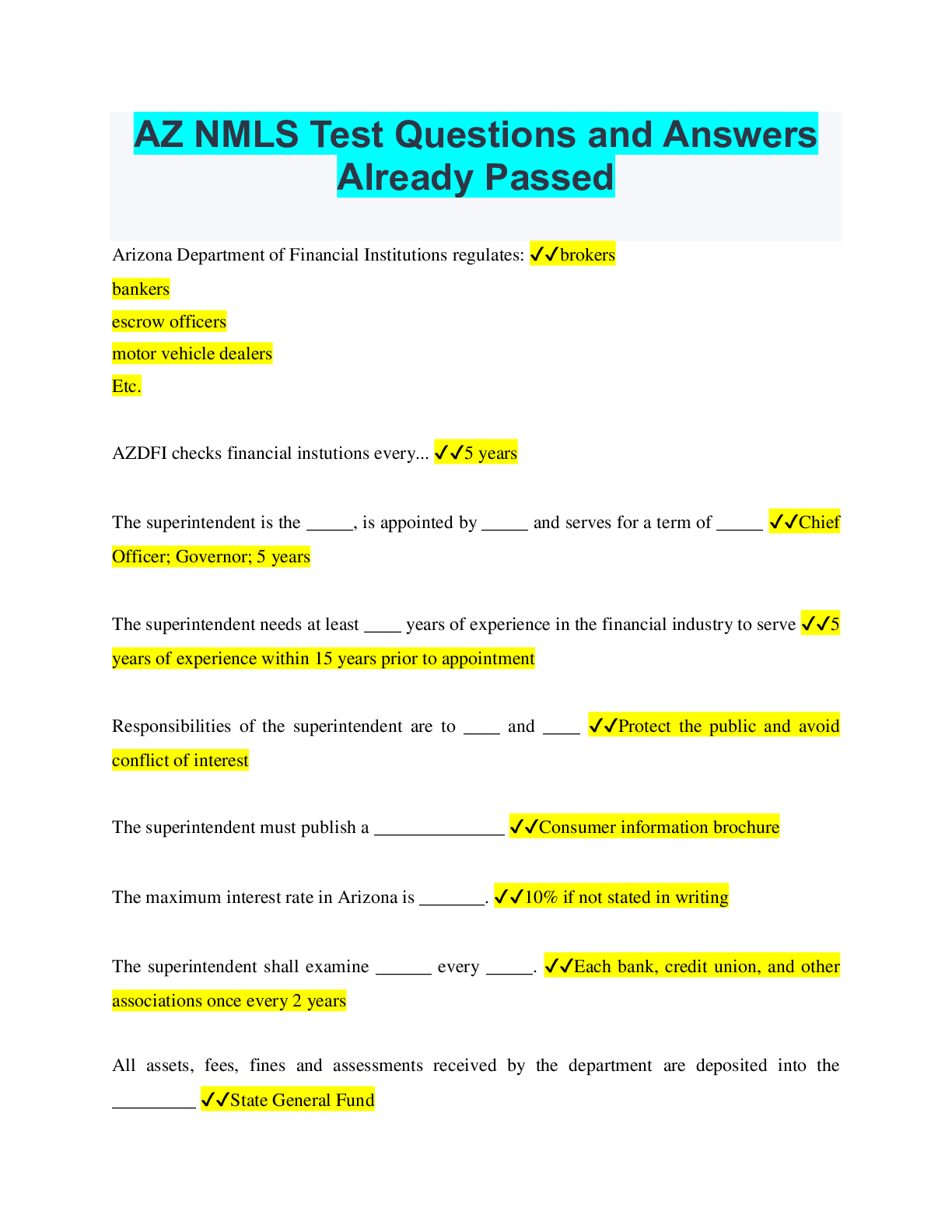 AZ NMLS Test Questions and Answers Already Passed - Browsegrades
